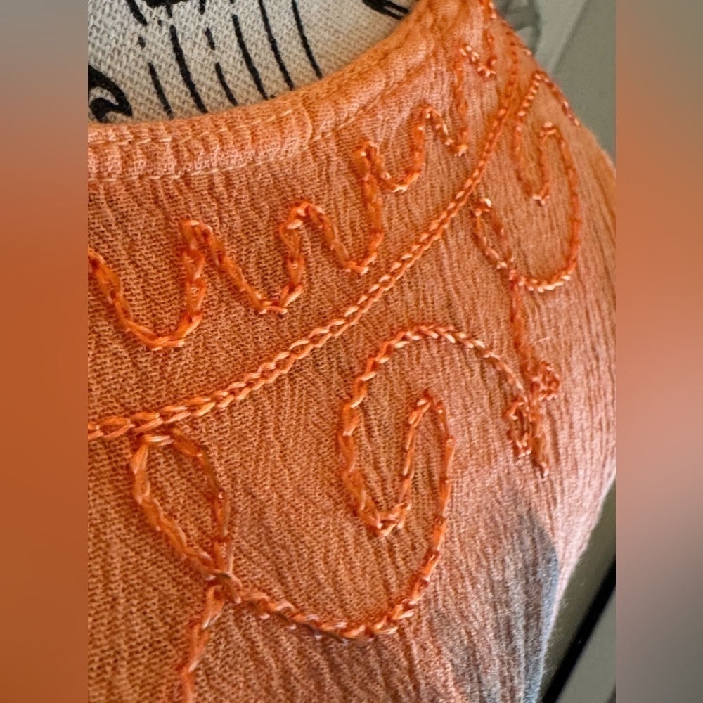 Vintage 90s Hand Painted Embroidered Tie Dye Umbrella Dress Orange Sleeveless - Picture 2 of 8